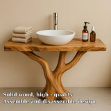 Handcrafted Solid Wood Bathroom Vanity with Tree Design – Natural Organic Sink Console