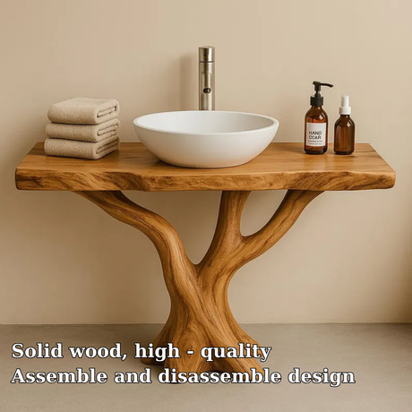 Handcrafted Solid Wood Bathroom Vanity with Tree Design – Natural Organic Sink Console
