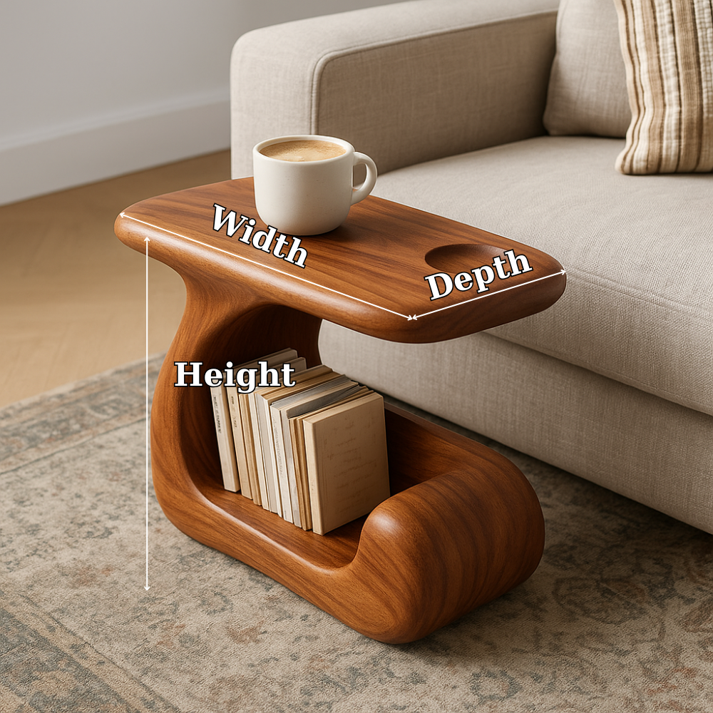 Handcrafted Solid Wood Armrest Table – Sculpted Sofa Side Table with Storage Shelf