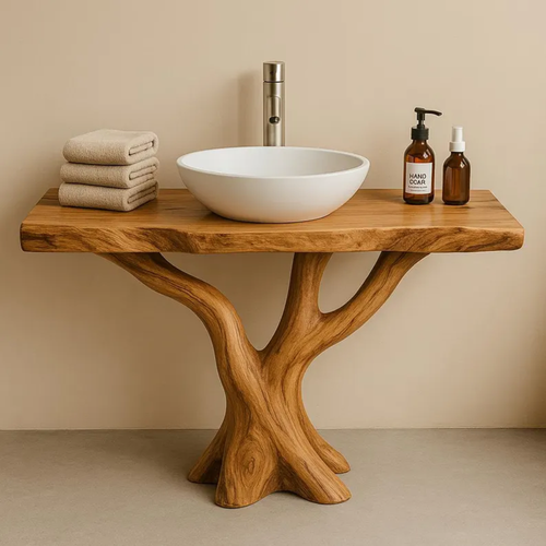 Handcrafted Solid Wood Bathroom Vanity with Tree Design – Natural Organic Sink Console