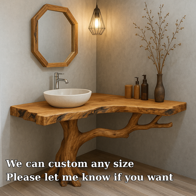 Handcrafted Solid Wood Bathroom Vanity – Organic Tree Branch Base with Live Edge Top