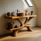 Handcrafted Solid Wood Bathroom Vanity – Rustic Organic Double Shelf Design for Modern Homes