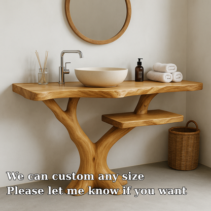 Handcrafted Solid Wood Bathroom Vanity – Natural Tree Form Design with Floating Shelf