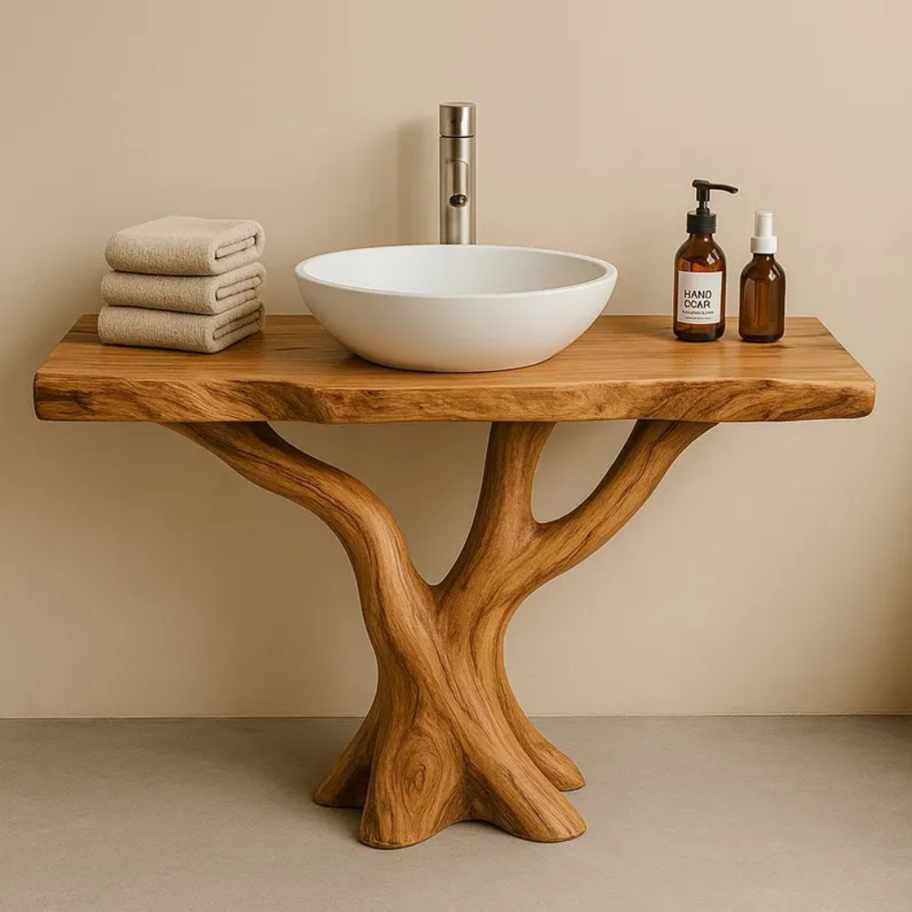 Handcrafted Solid Wood Bathroom Vanity with Tree Design – Natural Organic Sink Console