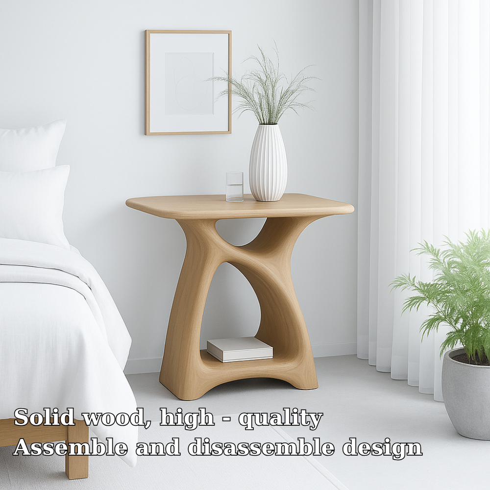 Handcrafted Solid Wood Nightstand – Modern Sculptural Bedside Table with Open Shelf