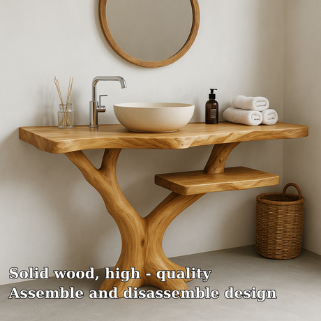 Handcrafted Solid Wood Bathroom Vanity – Natural Tree Form Design with Floating Shelf