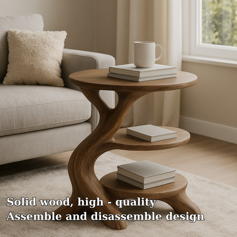 Handcrafted Solid Wood End Table – Three-Tier Sculptural Design for Modern Living Spaces