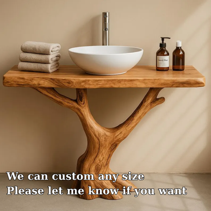 Handcrafted Solid Wood Bathroom Vanity with Tree Trunk Base – Organic Minimalist Sink Stand