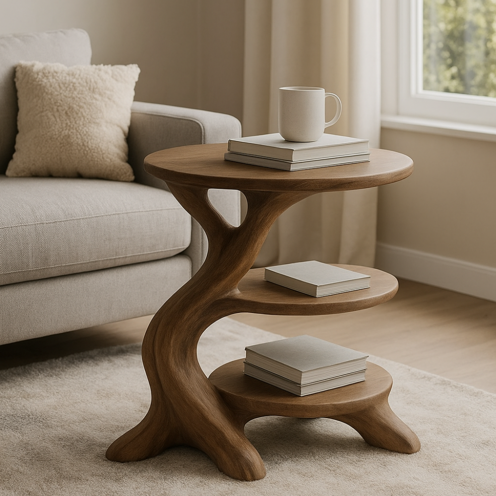 Handcrafted Solid Wood End Table – Three-Tier Sculptural Design for Modern Living Spaces