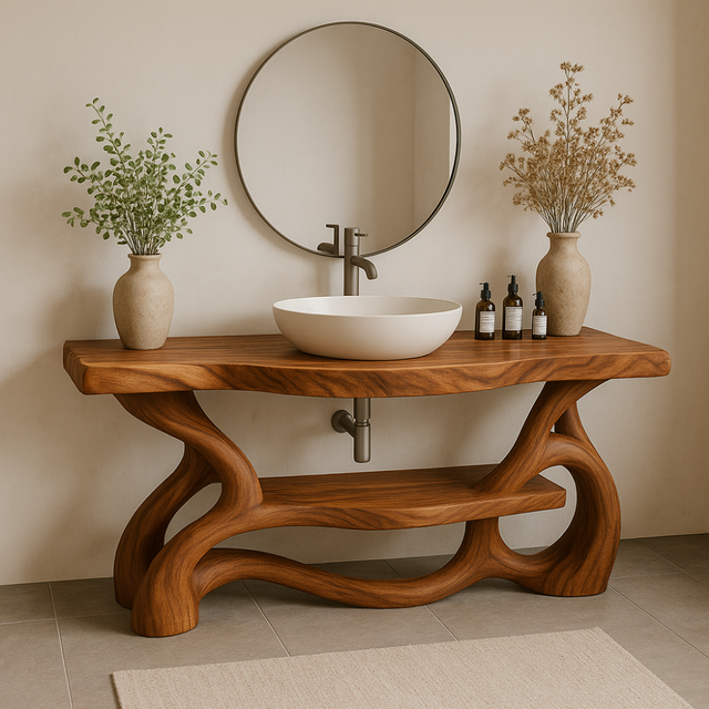 Handcrafted Solid Wood Bathroom Vanity with Sculptural Organic Base – Modern Natural Design