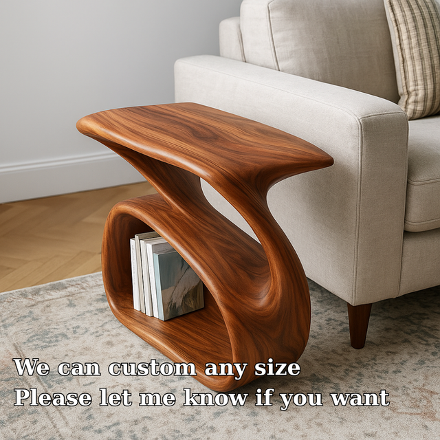 Handcrafted Solid Wood Armrest Table – Organic Curved Sofa Side Table with Storage Shelf