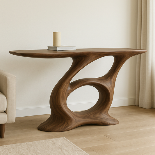 Handcrafted Solid Wood Console Table – Artistic Modern Design with Sculptural Curved Base
