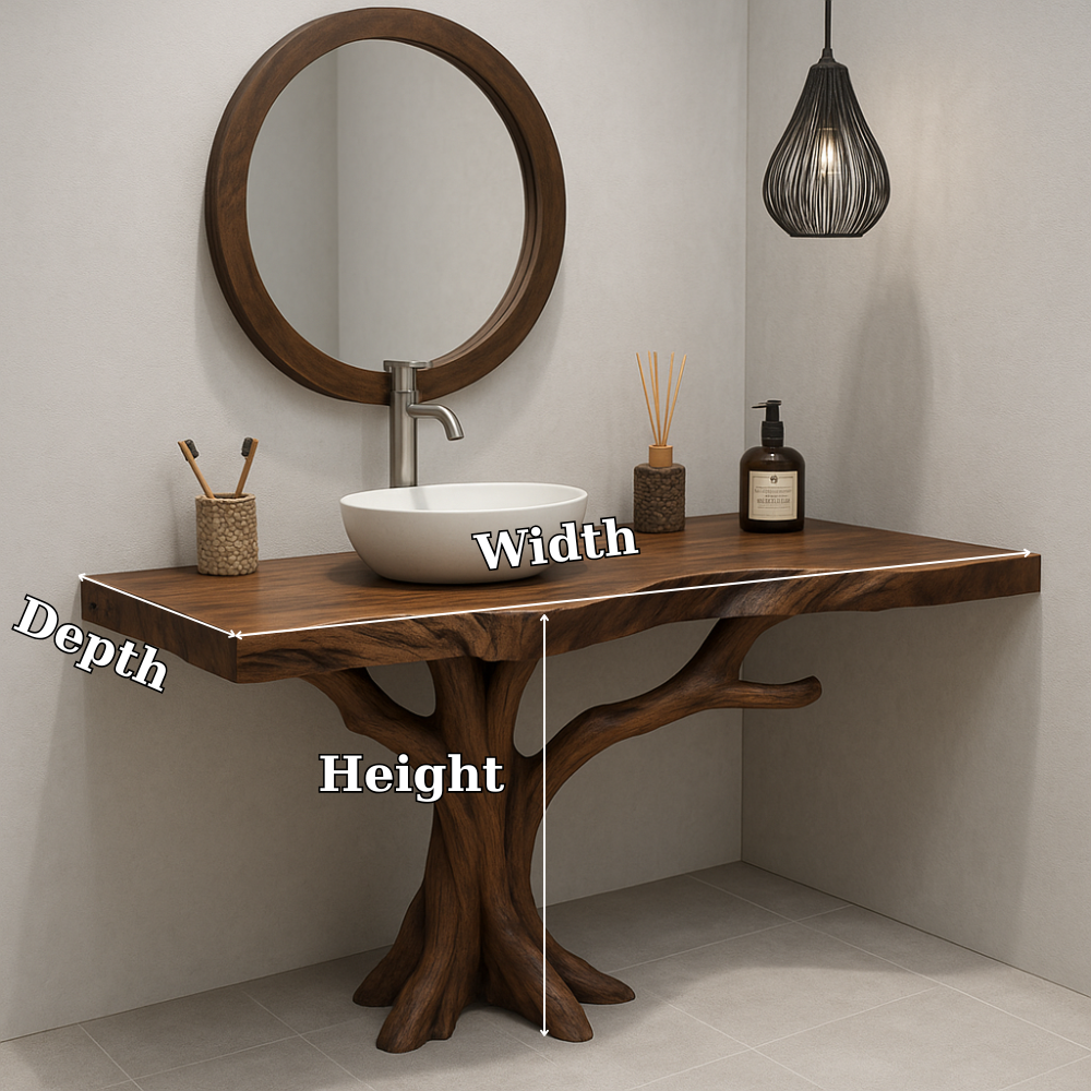 Handcrafted Solid Wood Bathroom Vanity – Organic Tree Branch Base with Vessel Sink Design