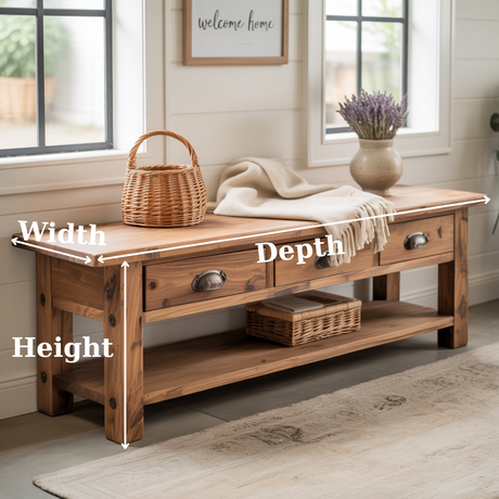 Handcrafted Solid Wood Bench – Rustic Entryway Bench with 3 Drawers & Shelf