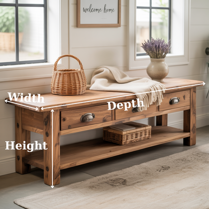 Handcrafted Solid Wood Bench – Rustic Entryway Bench with 3 Drawers & Shelf
