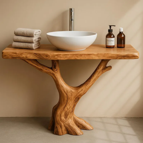 Handcrafted Solid Wood Bathroom Vanity with Tree Trunk Base – Organic Minimalist Sink Stand
