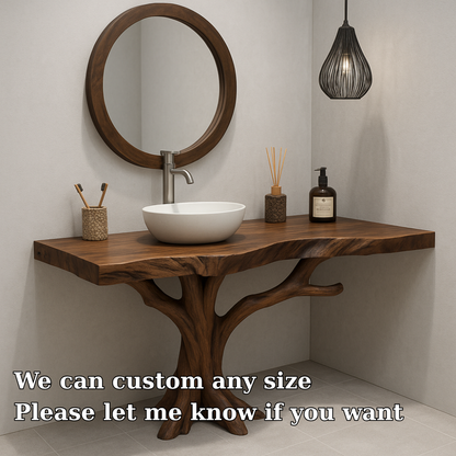 Handcrafted Solid Wood Bathroom Vanity – Organic Tree Branch Base with Vessel Sink Design