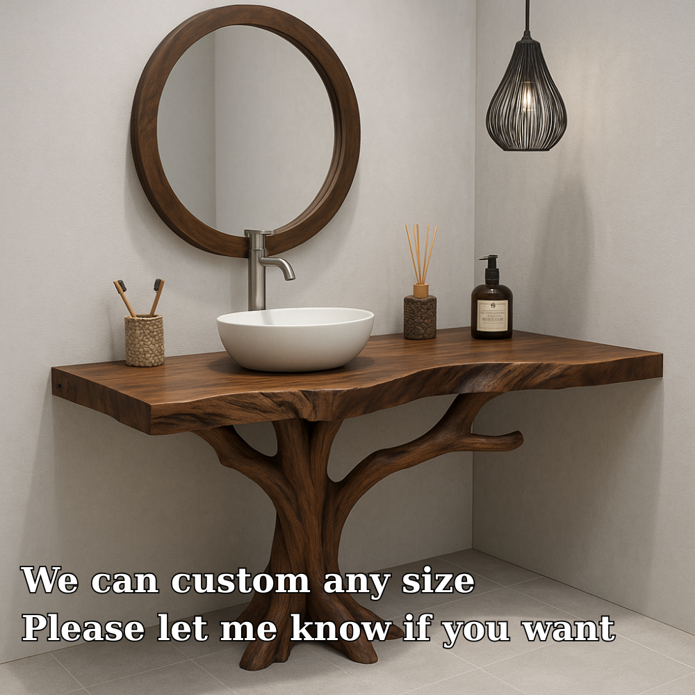 Handcrafted Solid Wood Bathroom Vanity – Organic Tree Branch Base with Vessel Sink Design