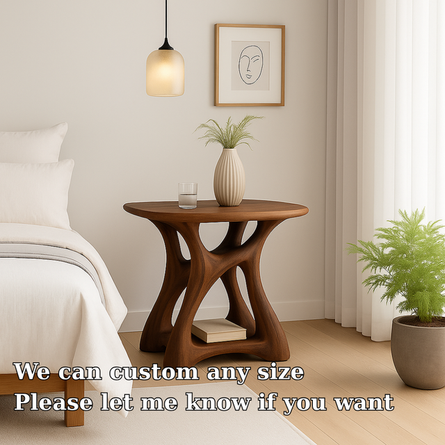 Handcrafted Solid Wood Nightstand – Modern Sculptural Bedside Table with Open Storage