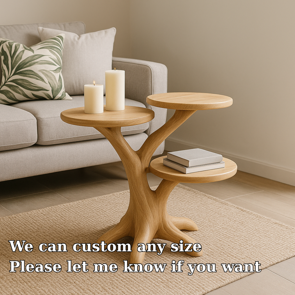 Handcrafted Solid Wood End Table – Three-Tier Light Oak Organic Design for Modern Living Rooms