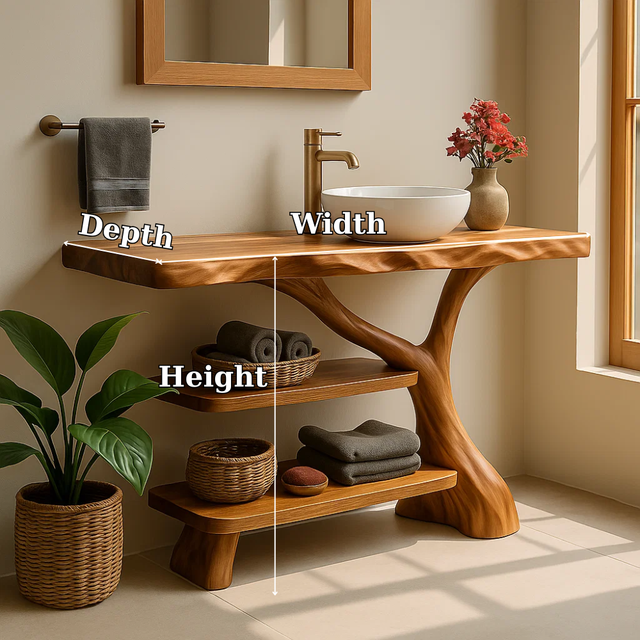 Handcrafted Solid Wood Bathroom Vanity – Natural Double Shelf Design for Modern Rustic Spaces