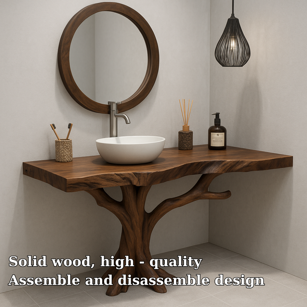 Handcrafted Solid Wood Bathroom Vanity – Organic Tree Branch Base with Vessel Sink Design
