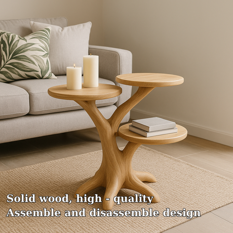 Handcrafted Solid Wood End Table – Three-Tier Light Oak Organic Design for Modern Living Rooms