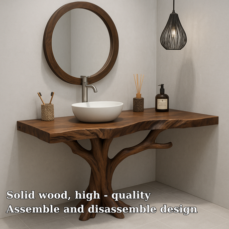 Handcrafted Solid Wood Bathroom Vanity – Organic Tree Branch Base with Vessel Sink Design