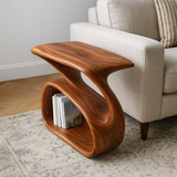 Handcrafted Solid Wood Armrest Table – Organic Curved Sofa Side Table with Storage Shelf