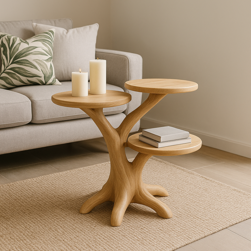 Handcrafted Solid Wood End Table – Three-Tier Light Oak Organic Design for Modern Living Rooms