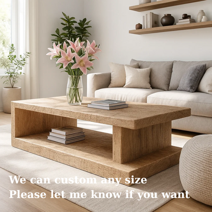 Handcrafted Solid Wood Coffee Table – Minimalist Design with Open Storage for Modern Living