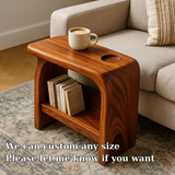 Handcrafted Solid Wood Armrest Table with Storage Shelf – Sculpted Organic Design