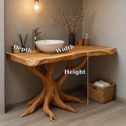 Handcrafted Solid Wood Bathroom Vanity – Sculptural Tree Root Design with Natural Live Edge