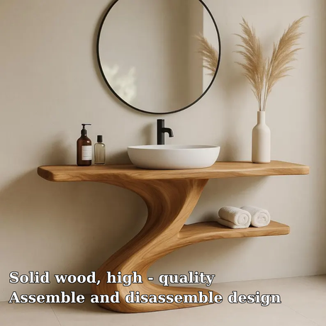 Handcrafted Solid Wood Bathroom Vanity with Curved Base – Modern Organic Sink Console
