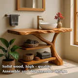 Handcrafted Solid Wood Bathroom Vanity – Natural Double Shelf Design for Modern Rustic Spaces
