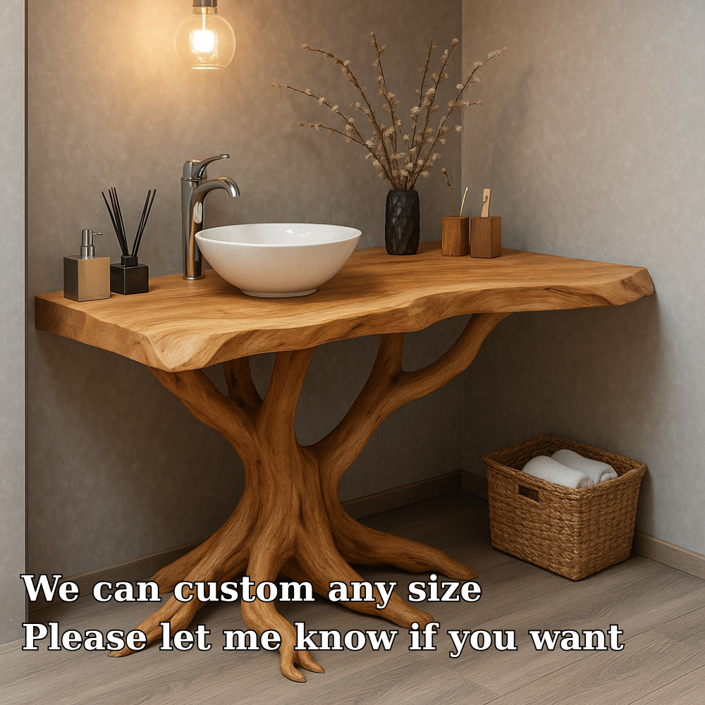 Handcrafted Solid Wood Bathroom Vanity – Sculptural Tree Root Design with Natural Live Edge