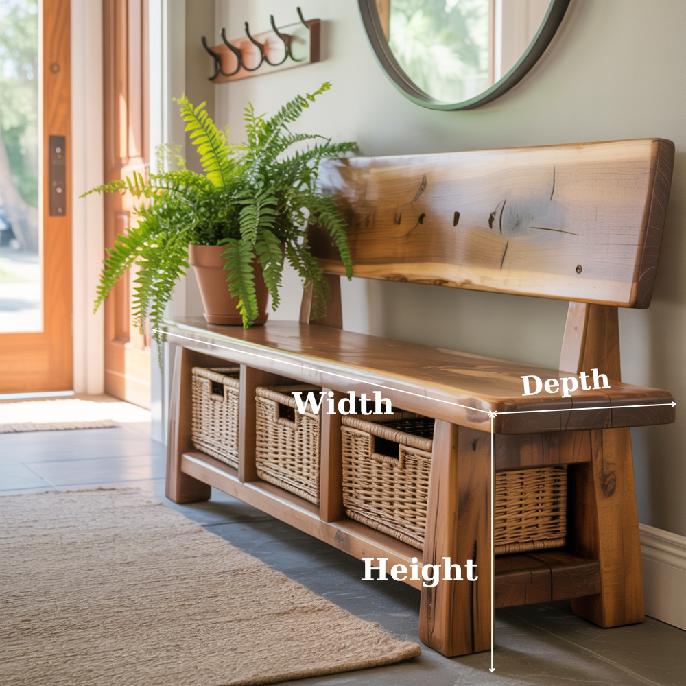 Handcrafted Solid Wood Bench – Rustic Maple Entryway Bench with Backrest and Wicker Storage Baskets