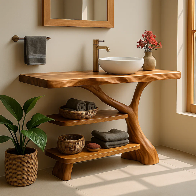 Handcrafted Solid Wood Bathroom Vanity – Natural Double Shelf Design for Modern Rustic Spaces