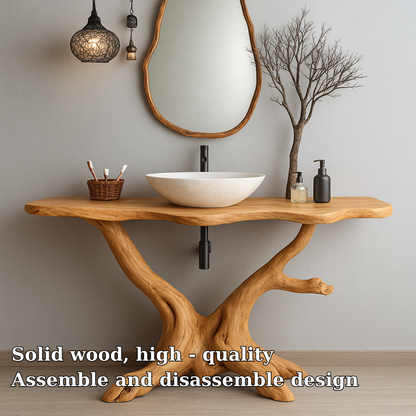 Handcrafted Solid Wood Bathroom Vanity – Organic Tree Root Design with Natural Live Edge
