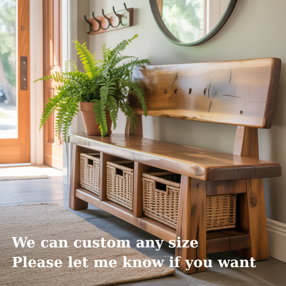 Handcrafted Solid Wood Bench – Rustic Maple Entryway Bench with Backrest and Wicker Storage Baskets