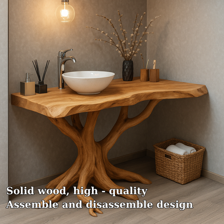 Handcrafted Solid Wood Bathroom Vanity – Sculptural Tree Root Design with Natural Live Edge