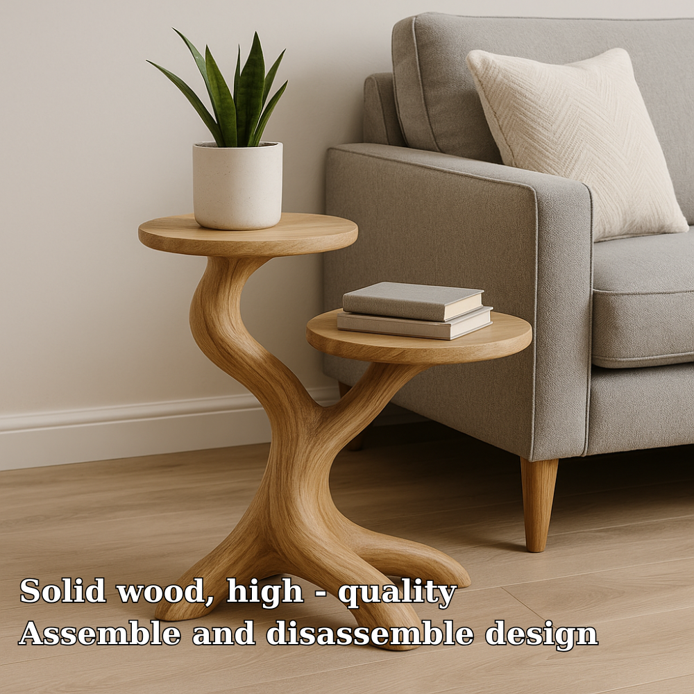 Handcrafted Solid Wood End Table – Two-Tier Light Oak Sculptural Design for Modern Interiors