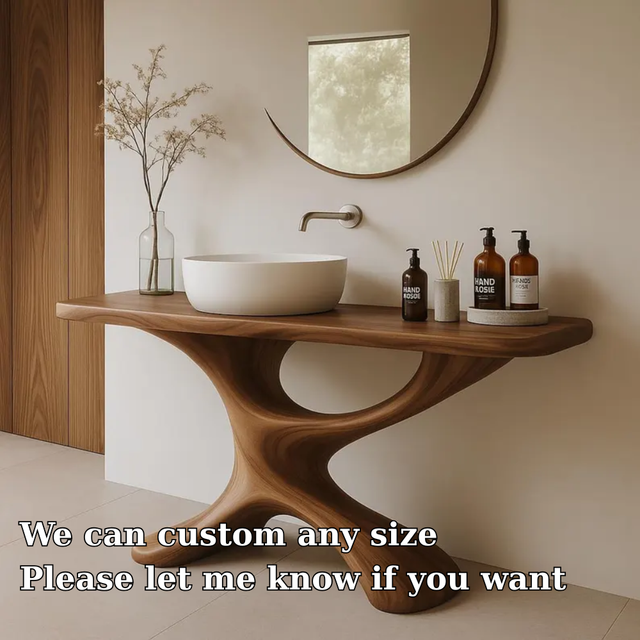 Handcrafted Solid Wood Bathroom Vanity with Sculptural Base – Modern Organic Sink Table