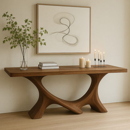 Handcrafted Solid Wood Console Table with Sculptural Base – Modern Organic Home Decor