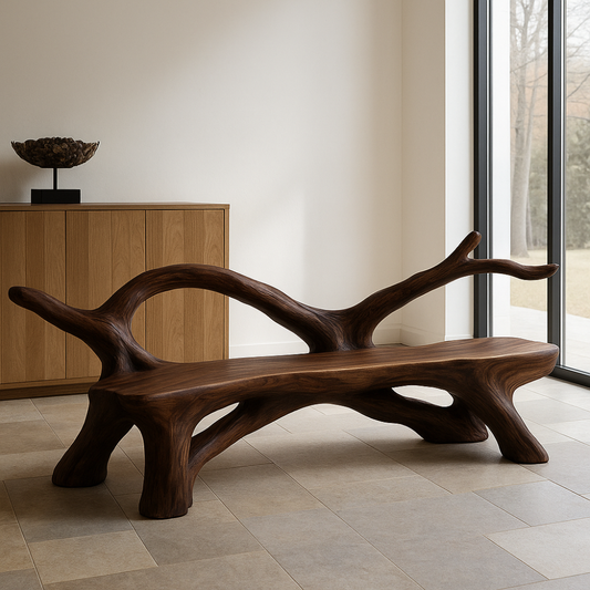 Handcrafted Solid Wood Bench with Backrest – Organic Branch-Inspired Artistic Furniture