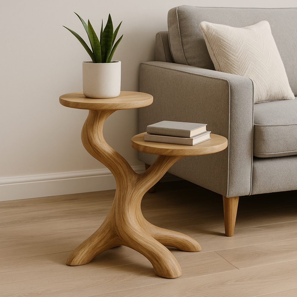 Handcrafted Solid Wood End Table – Two-Tier Light Oak Sculptural Design for Modern Interiors