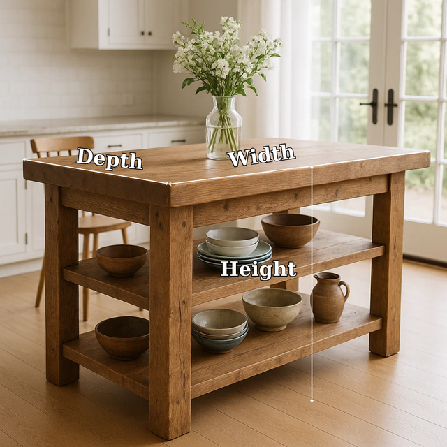 Handcrafted Solid Wood Kitchen Island – Rustic Oak Butcher Block Table with Open Shelves