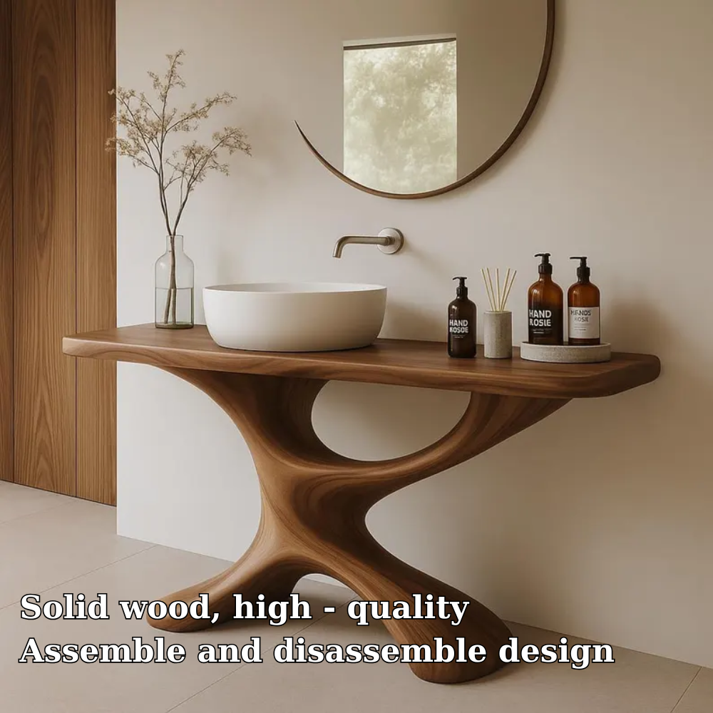 Handcrafted Solid Wood Bathroom Vanity with Sculptural Base – Modern Organic Sink Table