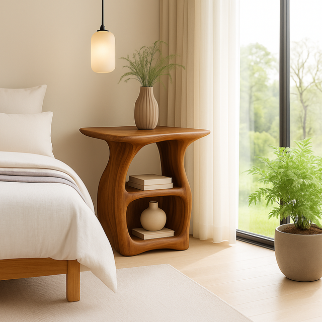 Handcrafted Solid Wood Nightstand – Modern Organic Bedside Table with Curved Open Shelves