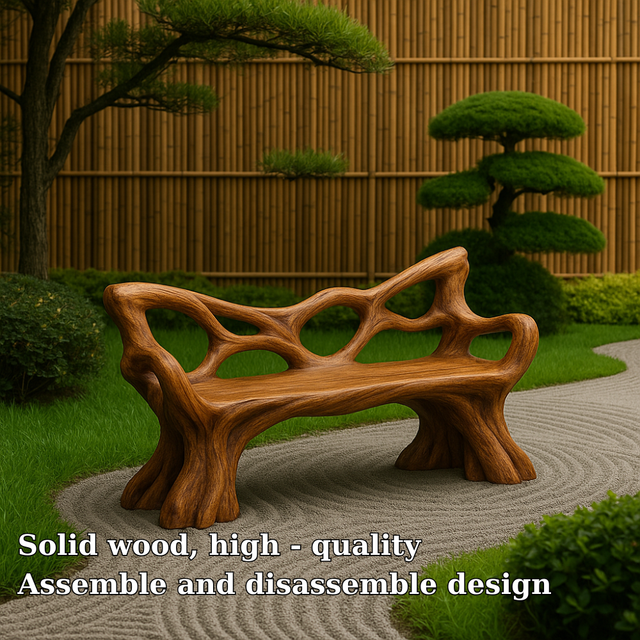Handcrafted Solid Wood Bench with Backrest – Sculptural Organic Art Furniture for Garden